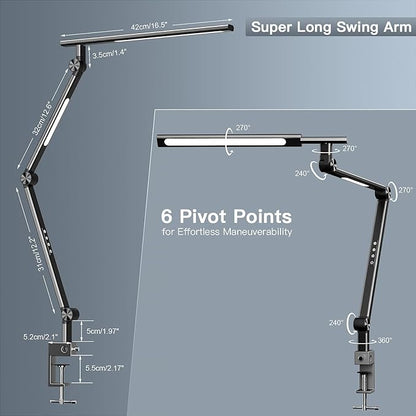 LED Desk Lamp, Desk Light for Home Office, Dual Light Source 18W Brightest, Eye-Caring Optical Lens, Office Lamp, 5 Color Modes & Brightness, Aluminum Alloy Drafting Light, Clamp Lamp, Black - LeafyLoom