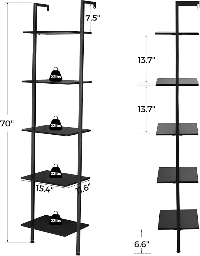 ELYKEN Ladder Shelf, 5-Tier Wood Wall Mounted Bookshelf with Metal Frame, Vintage Open Display Organizer Rack, Leaning Storage Shelves for Living Room, Bedroom, Home Office, Black - LeafyLoom