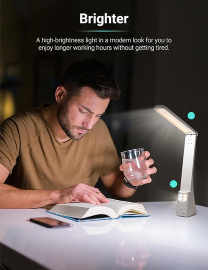 LED Desk Lamp with Night Light Foldable Portable High Brightness Eye Care Lamp. Touch Control, Rechargeable, for Home Reading Light, Office and Dormitory (White 2.0) - LeafyLoom