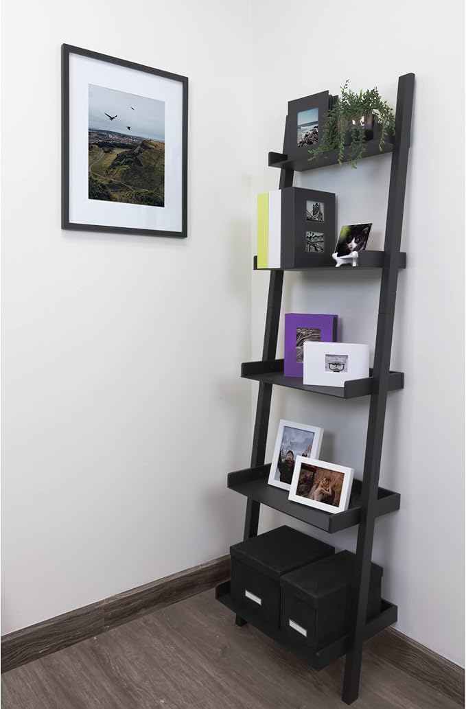 Kiera Grace Providence Hadfield 5 Tier Ladder Shelf Modern Leaning Bookshelf Storage Rack for Home, Office, 18" x 67", Black - LeafyLoom