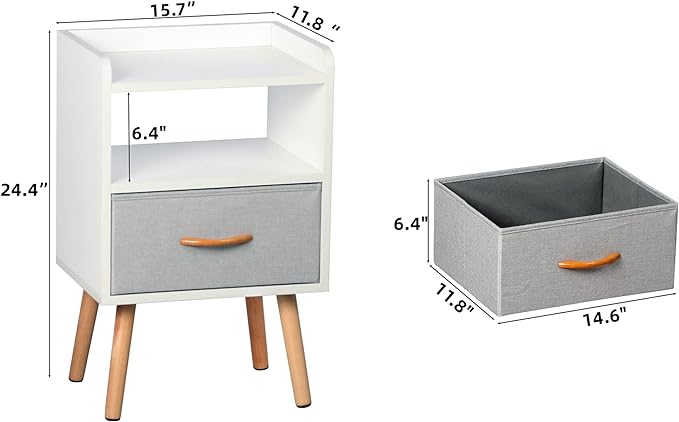 LUCKNOCK NightStand with Fabric Drawer, Bedside Table with Solid Wood Legs, Minimalist and Practical End Side Table with Open Storage Shelf for Bedroom, White. - LeafyLoom