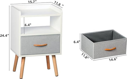 LUCKNOCK NightStand with Fabric Drawer, Bedside Table with Solid Wood Legs, Minimalist and Practical End Side Table with Open Storage Shelf for Bedroom, White. - LeafyLoom