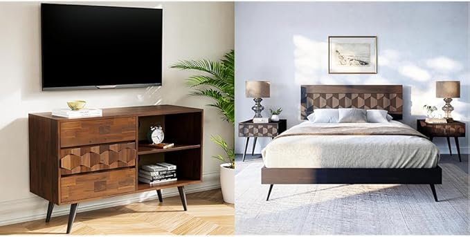 Bme Georgina 45 Inch Solid Wood TV Stand & Signature Queen Bed Frame with Handcrafted Geometric Headboard, Walnut - LeafyLoom