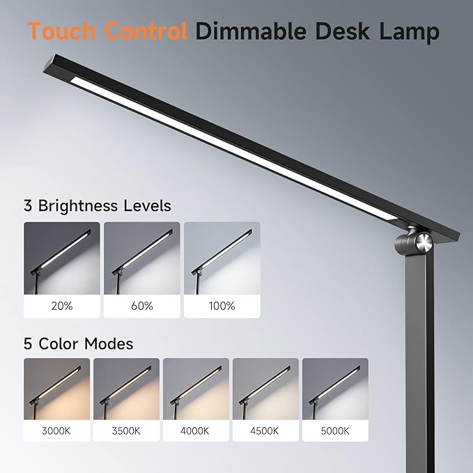 Mubarek Desk Lamp,15 Modes LED Desk Light,500 Lumen LED Lamp,Dimmable LED Table Lamp,Desk Lamps Office Accessories,Adjustable&Foldable Reading Lamp,Desk Light,LED Desk Lamp for Study Lamp,Bedside Lamp - LeafyLoom