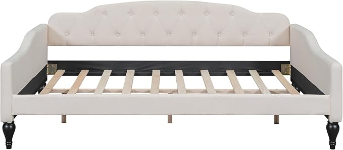 Full Size Upholstered Daybed,Linen Sofa Bed with Button Tufted Back & Nailhead Decorated Waved Shape Arms,Slat Support,No Spring Box Need,Bedframe for Bedroom Livingroom Small Space,Beige - LeafyLoom