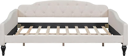 Full Size Upholstered Daybed,Linen Sofa Bed with Button Tufted Back & Nailhead Decorated Waved Shape Arms,Slat Support,No Spring Box Need,Bedframe for Bedroom Livingroom Small Space,Beige - LeafyLoom