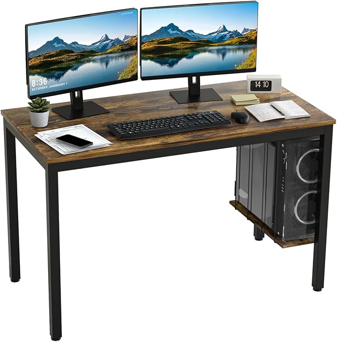 Computer Desk 47" Writing Desk Study Table with CPU Storage Shelf for Home Office, Workstation, Office, Gaming Room- Sturdy Stable Black Metal Frame, Rustic Brown - LeafyLoom