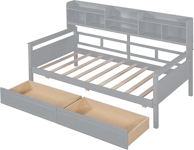 Merax Twin Wood Daybed with Bedside Shelves and Two Drawers Sofa Bed Frame for Kids Boys Girls/No Box Spring Needed Gray - LeafyLoom