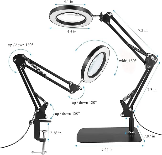 Magnifying Glass with Light and Stand,10X Magnifying LED Desk Lamp with Base & Clamp,3 Color Modes,10 Adjustable Brightness 2-in-1 Adjustable Swivel Arm Lamp Craft Light for Hobby Reading - LeafyLoom