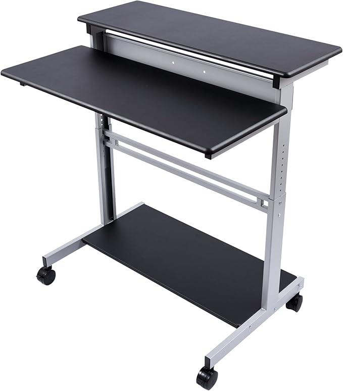 Stand Up Desk Store Rolling Adjustable Height Two Tier Standing Desk Computer Workstation (Silver Frame/Black Top, 40" Wide) - LeafyLoom