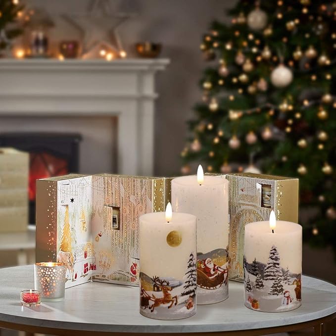 DRomance Christmas White LED Flameless Flickering Candles Battery Operated with 10-Key Remote and Timer Set of 3 Realistic 3D Wick Real Wax Holiday Flameless Pillar Candles, Santa Decal DRomance