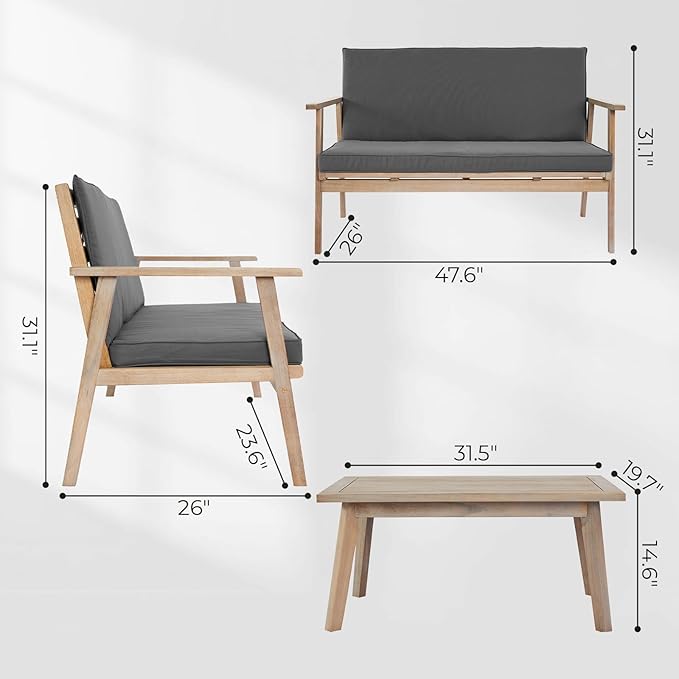 VINGLI Outdoor Patio Furniture, 4 Piece Acacia Wood Sofa Set w/Coffee Table, Patio Table and Chairs Set for Deck, Balcony, Backyard (Light Natural) - LeafyLoom