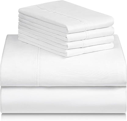 LuxClub 6 PC Queen Sheet Set, Sheets Queen Size, Deep Pockets 18" Eco Friendly Wrinkle Free Cooling Sheets Machine Washable Hotel Bedding Silky Soft - Snow White Fitted Sheet Queen Size - LeafyLoom