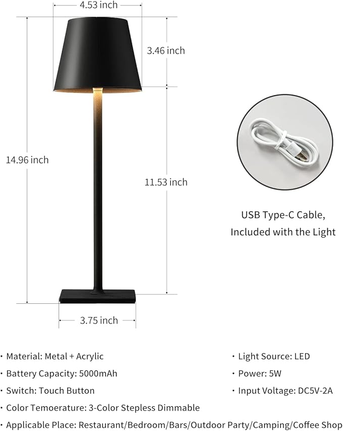 KDG Cordless Table Lamp, Portable LED Desk Lamp, 5000mAh Battery Operated, 3 Color Stepless Dimming Up, for Restaurant/Bedroom/Bars/Outdoor Party/Camping/Coffee Shop Atmosphere Night Light(Black) - LeafyLoom