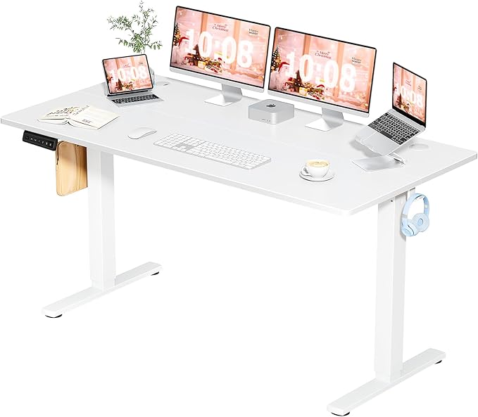 Sweetcrispy Standing Desk -55 in Electric Standing Desk, Height Adjustable Stand Up Desk for Home Office, Sit Stand Desk Stable Computer Rising Desk with Spliced Board, 2 Storage Hooks, White - LeafyLoom