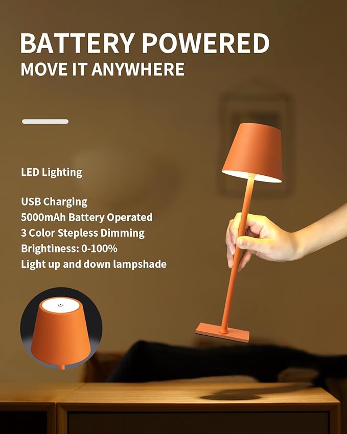 KDG 2 Pack Cordless Table Lamp,Portable LED Desk Lamp, 5000mAh Battery Operated, 3 Color Stepless Dimming Up, for Restaurant/Bedroom/Bars/Outdoor Party/Camping/Coffee Shop Night Light(Orange) - LeafyLoom