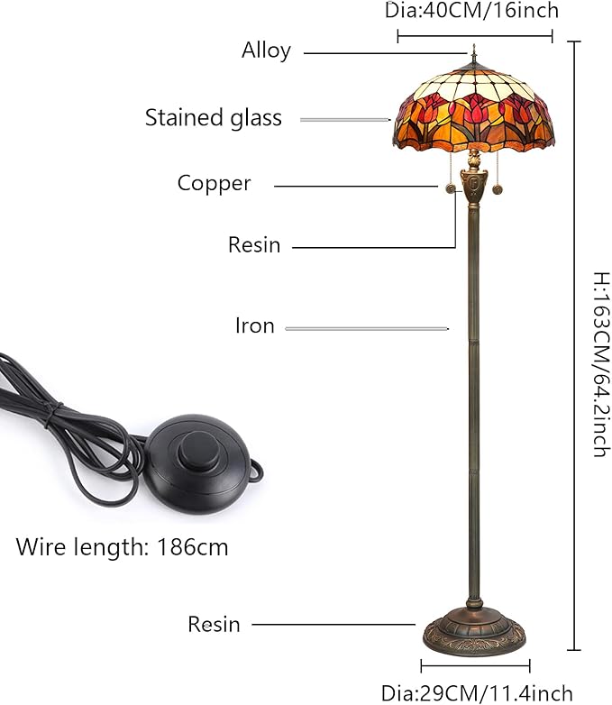 Tiffany Floor Lamp Red Tulip Style Stained Glass lamp for Living Room Bedroom Office Bright Lighting Rustic Corner Deco Standing Tall Unique Vintage Reading Unique Bronze Reading Aesthetic - LeafyLoom