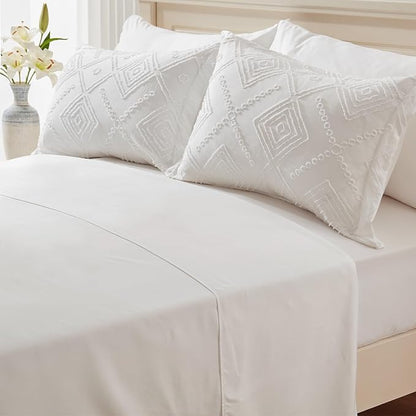 EMME King Comforter Set - 7 Pcs White Boho Comforter Set, Tufted King Size Bedding Sets with Sheets, Shabby Chic Embroidery Bed Set Fluffy Bed Bag for All Season(102"X90") - LeafyLoom