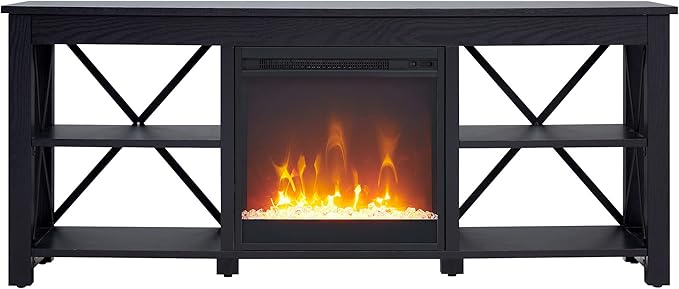 Henn&Hart Rectangular TV Stand with Crystal Fireplace for TV's up to 65" in Black, TV Stands for the Living Room - LeafyLoom