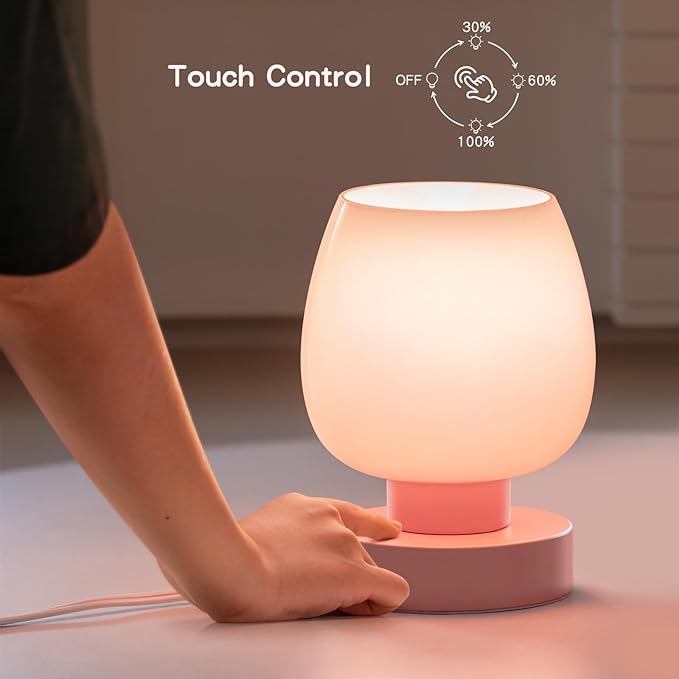 Touch Bedside Table Lamp - Modern Small for Bedroom Living Room Nightstand,Desk lamp with White Opal Glass Shade,Warm LED Bulb Included,3 Way Dimmable, Simple Design, Pink - LeafyLoom