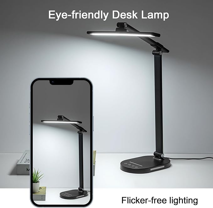 LED Desk Lamp Touch Desk Lamps with 5 Levels Brightness, Dimmable Office Reading Lamp with Adjustable Arm Foldable Table Desk Lamp for Bedroom Bedside Office Study, 3000-6500K(Black) - LeafyLoom