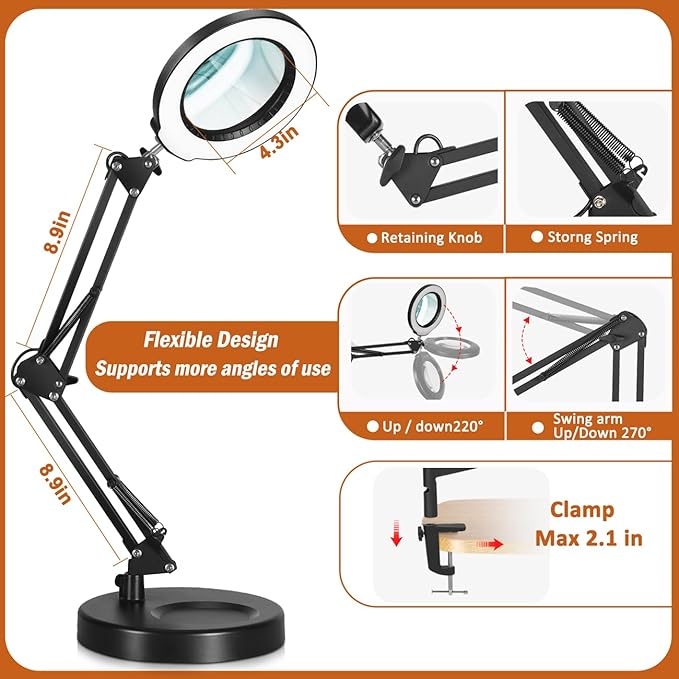 Veemagni 10X Magnifying Glass with Light, 5 Color Modes Stepless Dimmable 2-in-1 Desk Lamp and Clamp, LED Lighted Magnifier with Light and Stand, Hands Free for Craft Repair Hobby Painting Close Work - LeafyLoom