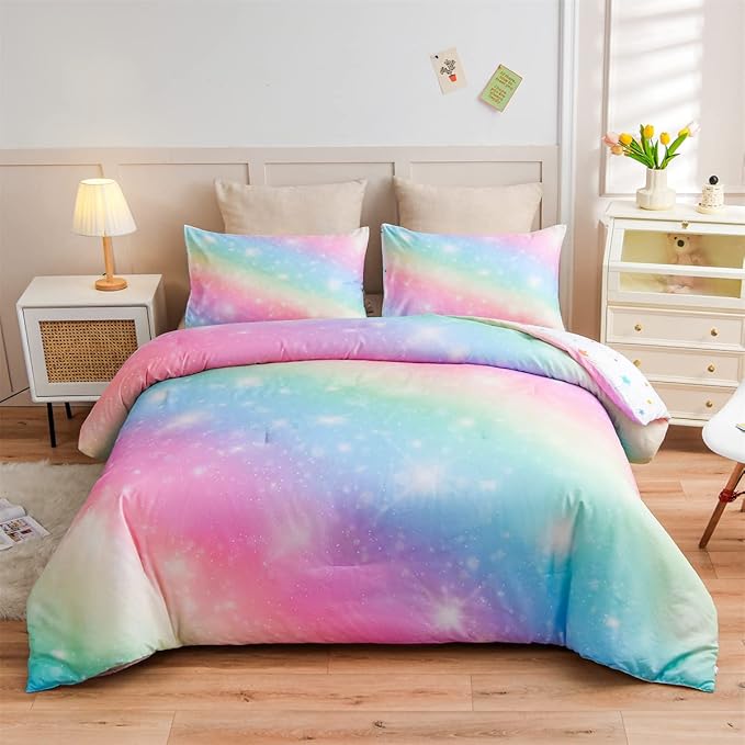 Holawakaka Girls Ombre Glitter Comforter Set, Full Size Gradient Rainbow Galaxy Print Kids Bedding Sets, Multi-color Ultra-soft Dorm Bed Set (Pink Green, Full) - LeafyLoom