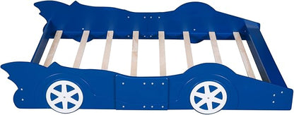 Car Shaped Toddler Bed with Wheels,Racecar Platform Beds W/Safety Guardrail,Slats Support,Stylish Design,Easy Assembly,Wood Full Bedframe for Boys Toddlers Kids Teens Bedroom,Blue - LeafyLoom