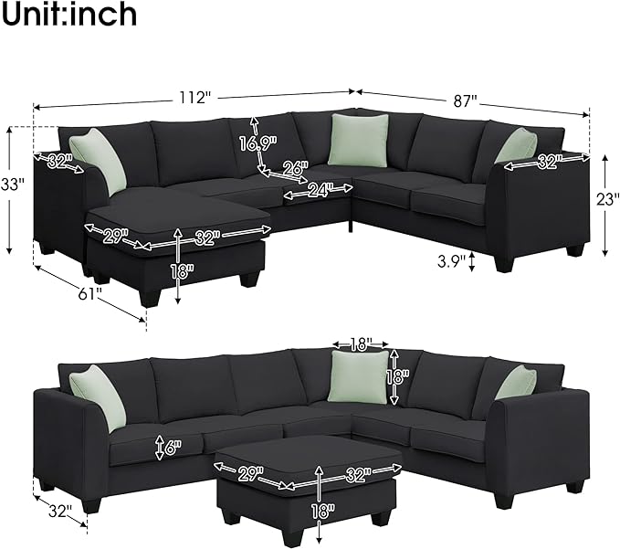 Modern Large U Sectional Sofa, 7 Seat with Movable Ottoman, L Shape Corner Couch for Living Room Furniture Sets Apartment,Office, E-Black - LeafyLoom