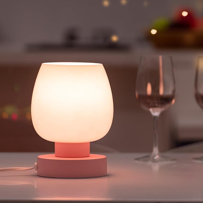 Touch Bedside Table Lamp - Modern Small for Bedroom Living Room Nightstand,Desk lamp with White Opal Glass Shade,Warm LED Bulb Included,3 Way Dimmable, Simple Design, Pink - LeafyLoom