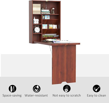 HOMCOM Compact Fold Out Wall Mounted Convertible Desk with Storage, Mahogany - LeafyLoom