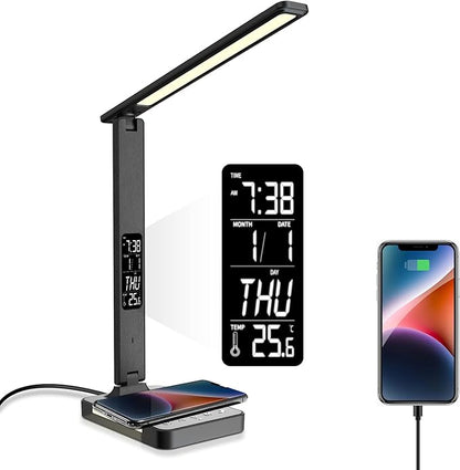 poukaran Desk Lamp, LED Desk Lamp with Wireless Charger, USB Charging Port, Table Lamp with Night Light, Desk Lights with Clock, Alarm, Date and Temperature, Black - LeafyLoom