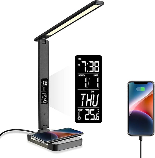 poukaran Desk Lamp, LED Desk Lamp with Wireless Charger, USB Charging Port, Table Lamp with Night Light, Desk Lights with Clock, Alarm, Date and Temperature, Black - LeafyLoom