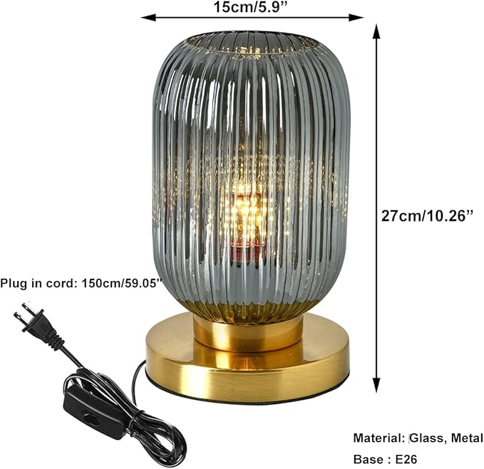 Bedside Table Lamp Mid Century Glass Table Lamps Modern Globe Table lamp Gold Desk lamp nightstand lamp with Pumpkin Design with Ribbed Glass Shade for Bedroom Living Room Office (Smoke gray) - LeafyLoom