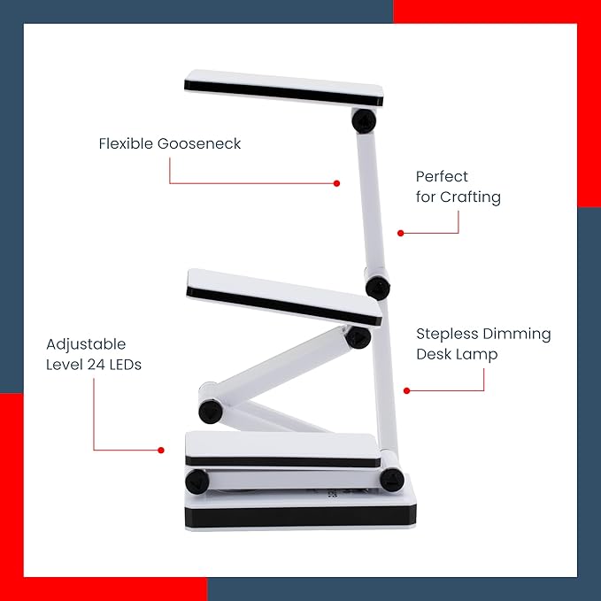 Jerry's Artarama Portable LED Desk Lamp - Flexible Gooseneck, Adjustable Level 24 LEDs, Stepless Dimming Desk Lamp, Perfect for Crafting - includes AC/USB Power Supply (Optional AA Battery) - White - LeafyLoom