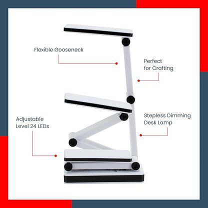 Jerry's Artarama Portable LED Desk Lamp - Flexible Gooseneck, Adjustable Level 24 LEDs, Stepless Dimming Desk Lamp, Perfect for Crafting - includes AC/USB Power Supply (Optional AA Battery) - White - LeafyLoom