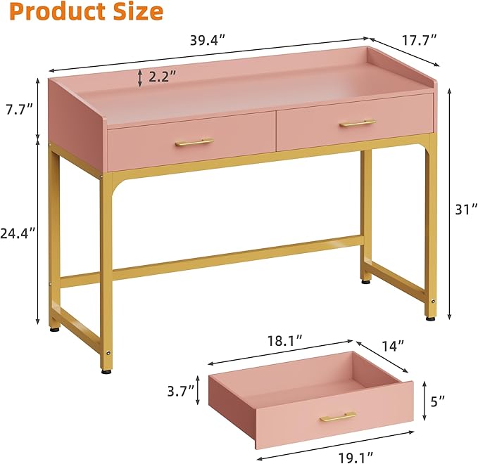 WESTREE Computer Gaming Desk Office - Study Writing Desk with Drawer for Teen, Bedroom Makeup Desk Home Office with Storage Shelf, Height Monitor Stand, Pink - LeafyLoom