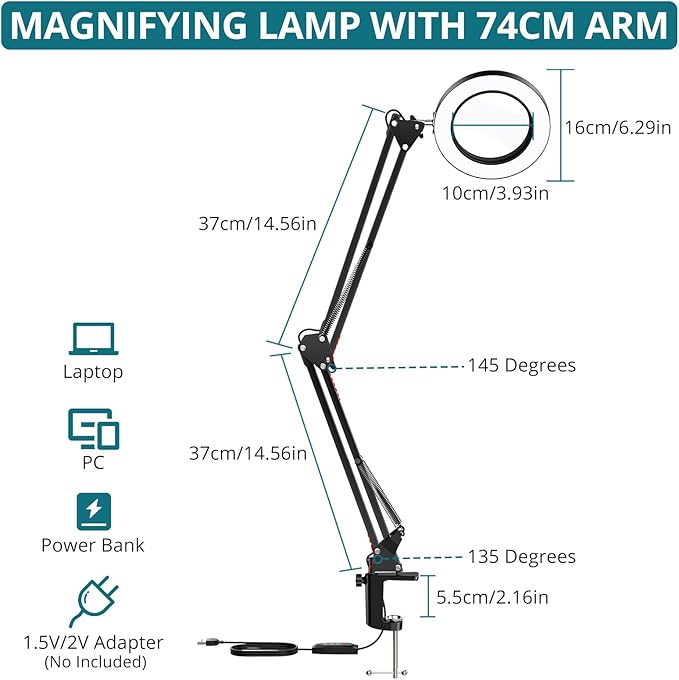 Magnifying Glass with Light, 8X Magnifying Desk Lamp with Clamp 3 Lighting Color Modes,Adjustable Swivel Arm 10 Brightness Levels LED Magnifier Desk Lamp for Reading Repair(Arm Length:29inch) - LeafyLoom