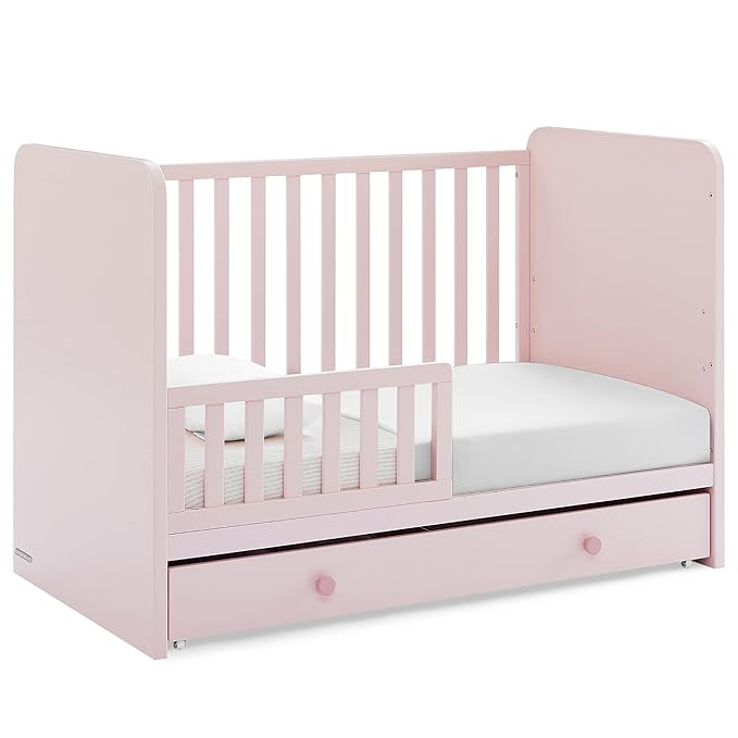 GAP babyGap Graham 4-in-1 Convertible Crib with Storage Drawer - Greenguard Gold Certified, Blush Pink/Dark Pink - LeafyLoom