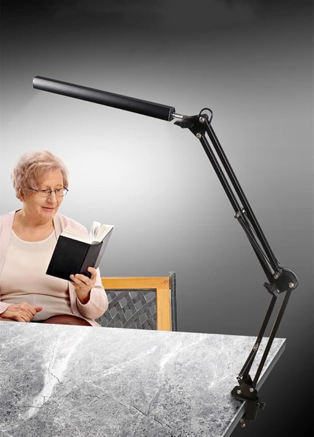 Desk Lamp,12W Eye-Caring Metal Swing Arm Desk Lamp with Clamp, 20 Brightness Dimmable Clamp Desk Light with Memory Function, 360 Degree Spin Architect Table Desk Lamps for Dorms, Studios Reading - LeafyLoom