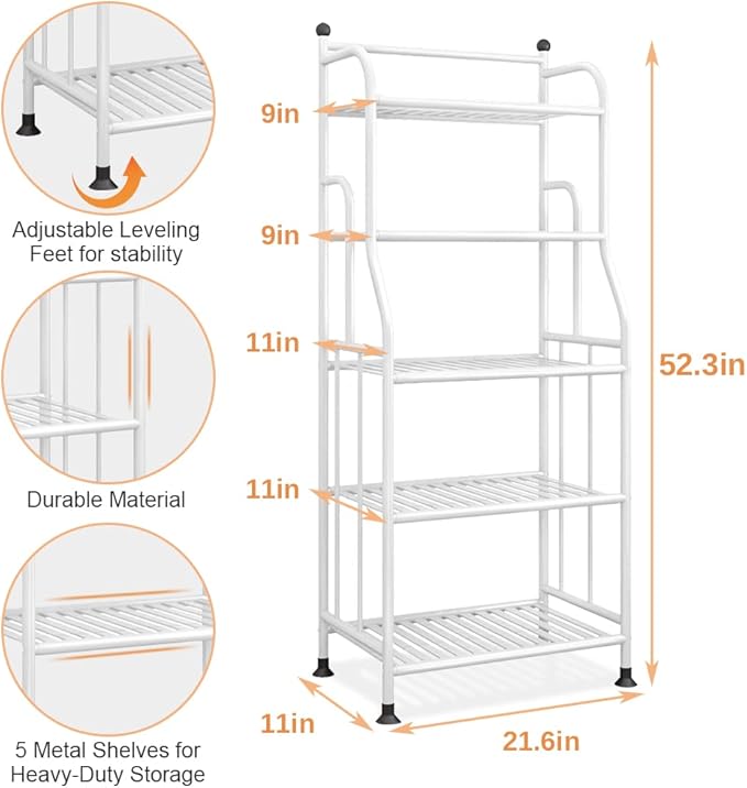 Shelving Unit Bakers Rack Metal Storage Shelves Laundry Shelf Organizer Standing Shelf Units for Laundry Kitchen Bathroom Pantry Closet Indoor and Outdoor (5 Tier, White) - LeafyLoom