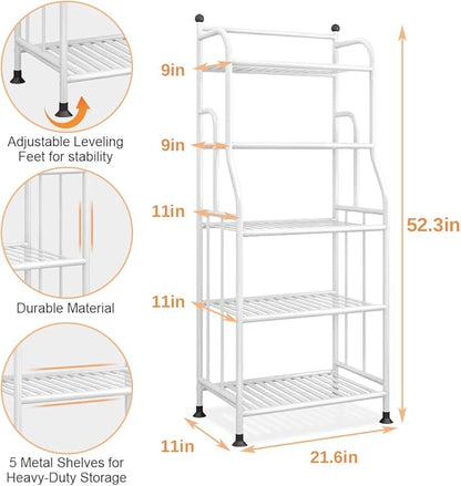 Shelving Unit Bakers Rack Metal Storage Shelves Laundry Shelf Organizer Standing Shelf Units for Laundry Kitchen Bathroom Pantry Closet Indoor and Outdoor (5 Tier, White) - LeafyLoom