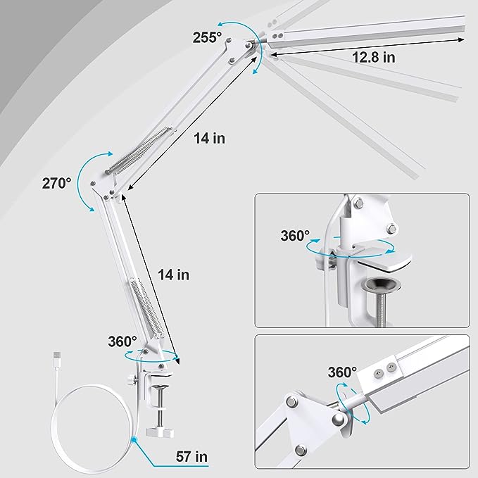 LED Desk Lamp, Swing Arm Desk Light with Clamp, 3 Lighting 10 Brightness Eye-caring Modes, reading desk lamps for home office 360°Spin with USB Adapter & Memory Function white-14W - LeafyLoom