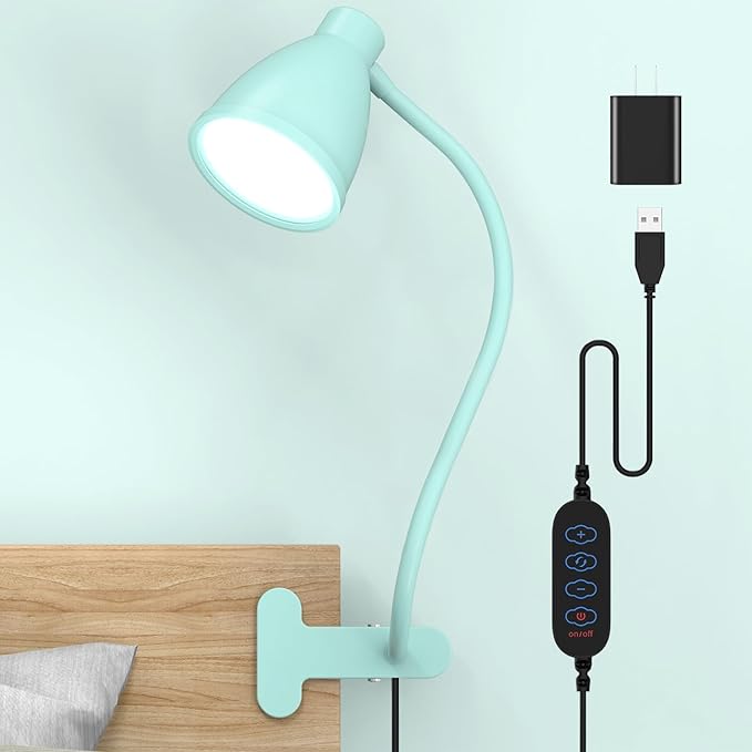 BOHON Desk Lamp with Clamp, 10W 38 LED Clip on Light, 3 Color 10 Brightness Auto Off Timer, Flexible Gooseneck Clip Lamp, Desk Lights for Office Home Bed Bedside Reading, Adapter Include, Teal - LeafyLoom