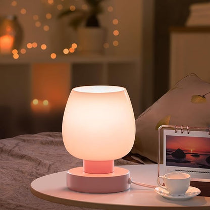 Touch Bedside Table Lamp - Pink Small Lamp for Bedroom with USB C+A Charging Ports 3 Way Dimmable, Nightstand Desk lamp with Glass Lamp Shade Warm LED Bulb Included, Simple Design Christmas - LeafyLoom