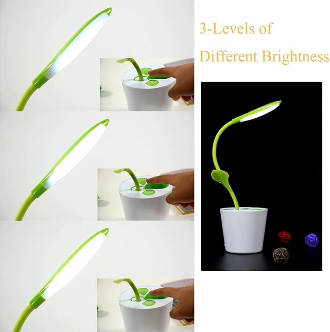 Flexible USB Touch Desk Lamp, Flexible Neck LED Desk Lamp 3 Level of Brightness Sapling Pot with Plant Pencil Holder for Office Study Reading (Dark Green) - LeafyLoom