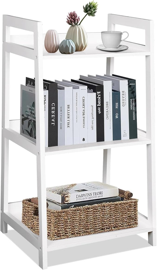 ECOMEX 3-Tier Ladder Shelf Modern Style Shelf, Ladder Bookshelf Open Storage Rack Wood Ladder Shelf with Solid Pine Frame, Freestanding Ladder Shelves for Home Office, Bedroom (White) - LeafyLoom