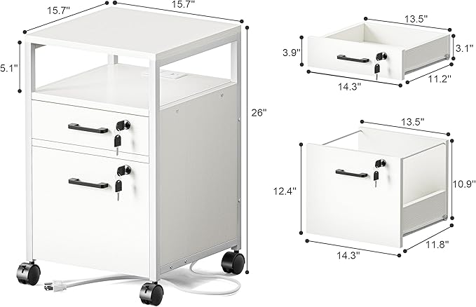 SUPERJARE File Cabinet with Lock & Charging Station, 2 Drawers Rolling Filing Cabinet, Office File Cabinet with Wheels & Open Shelf, for Home Office, A4/Letter Size Files - White - LeafyLoom