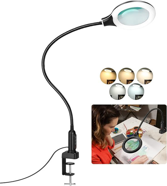 26" Gooseneck Magnifying Lamp with Clamp, 5 Color Modes Stepless Dimmable LED Desk Light with Magnifying Glass, 8X Real Glass Lighted Magnifier Hands Free for Painting Close Work Craft Hobby - LeafyLoom