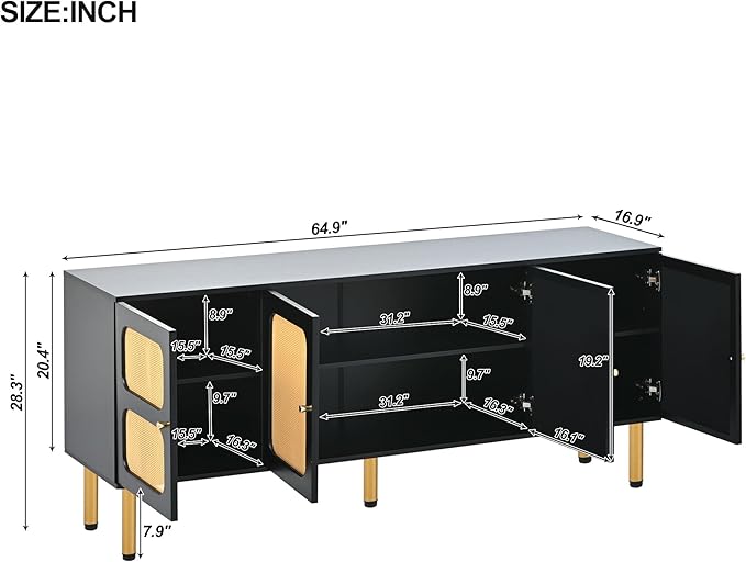 TV Stand, 65 Inch TV Console with Rattan Door and Gold Metal Base for TVs Up to 70'', Boho Style Entertainment Center with Ample Storage Space for Living Room, Black - LeafyLoom